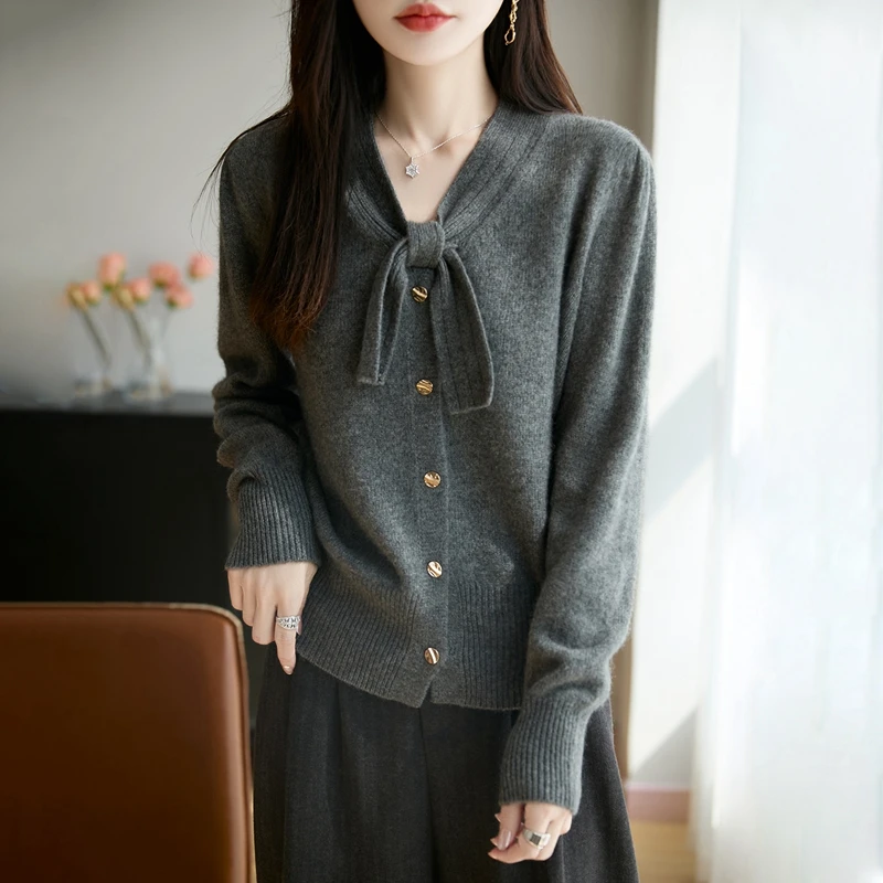 哥弟阿玛施正品蝴蝶结纯色金属针织开衫轻奢法式毛衣飘带长袖直筒