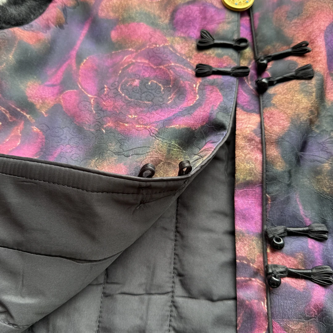 新中式提花加棉拼接小立领毛边马甲