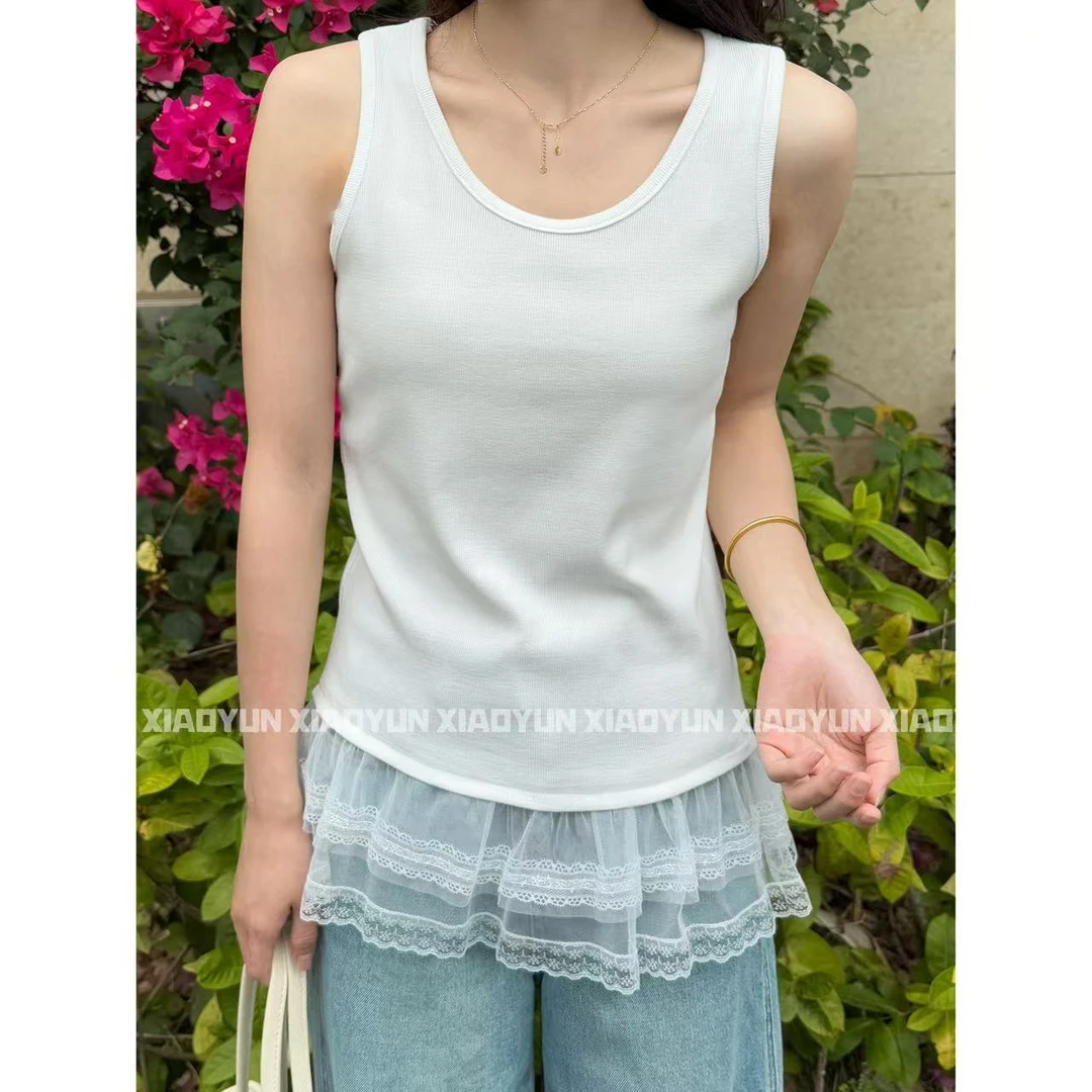 拼接花边无袖T 小允姐姐2025新款气质时尚拼接花边无袖T恤上衣