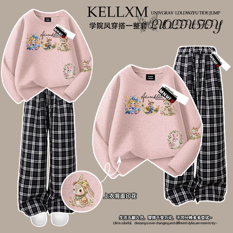 童话卡通仿刺绣小兔子女童纯棉扎染长袖t恤格子裤休闲百搭ins套装