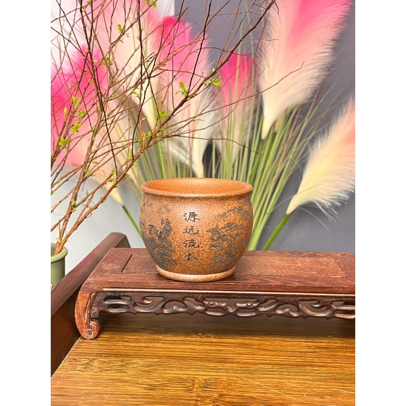 114原矿紫砂主人杯刻绘山水高温柴烧茶杯