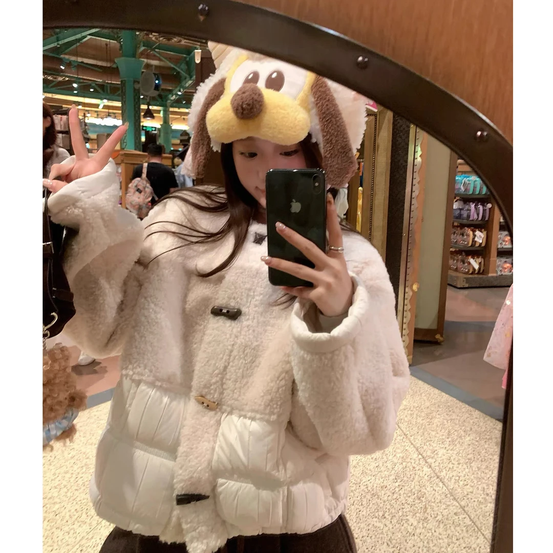 韩版羊羔毛短款牛角扣羽绒棉服女2025年冬季新款百搭加厚保暖外套