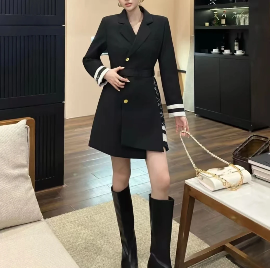 EL107荷叶领拼接高腰长袖秋季连衣裙小香风