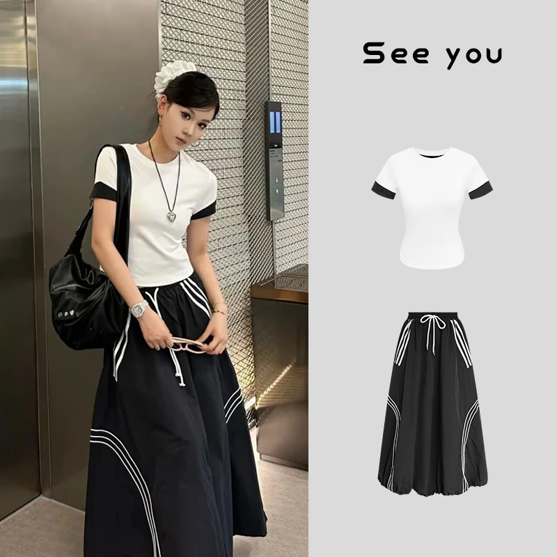酷感黑白拼接时尚短袖+裙子小众设计感半身裙套装女Y1064+Y1065