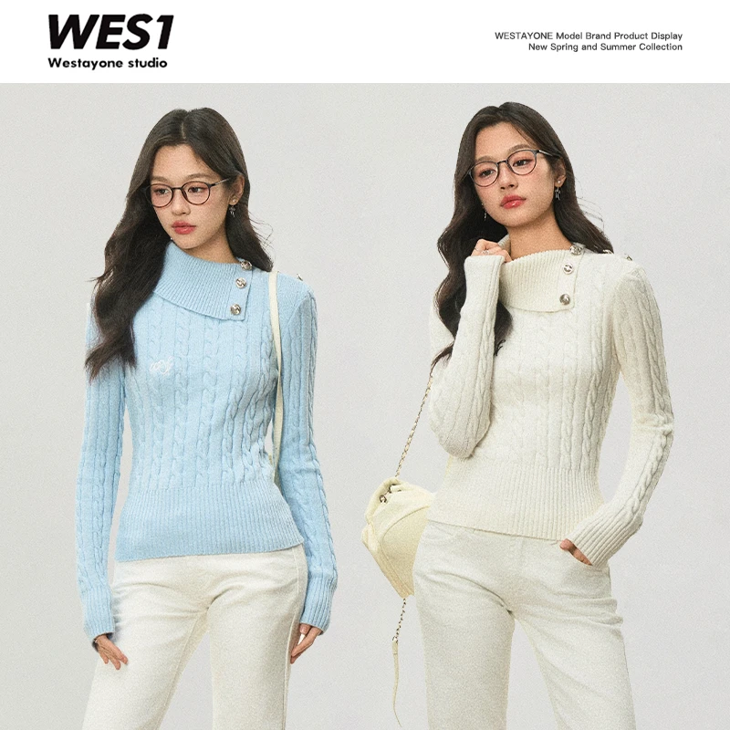 【1月18号新品】WESTAYONE不规则新款斜领设计感针织打底上衣女