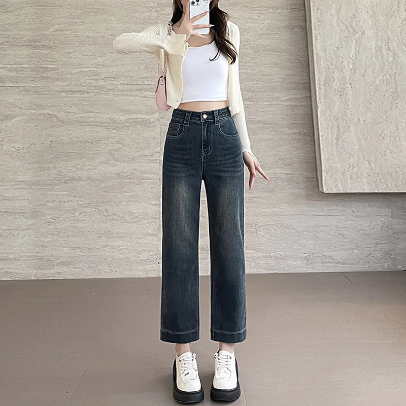 窄版显瘦直筒牛仔裤女2025新款春装大码微胖小个子修身弹力烟管裤