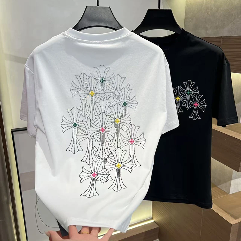 2025秋季男士新款时尚潮服圆领烫钻T恤纯色休闲百搭简约男装