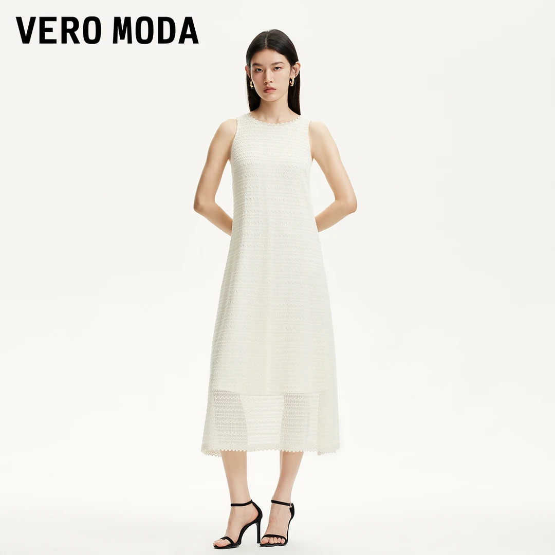 Vero Moda连衣裙2025夏日穿搭波浪圆领镂空加衬中长裙325261027
