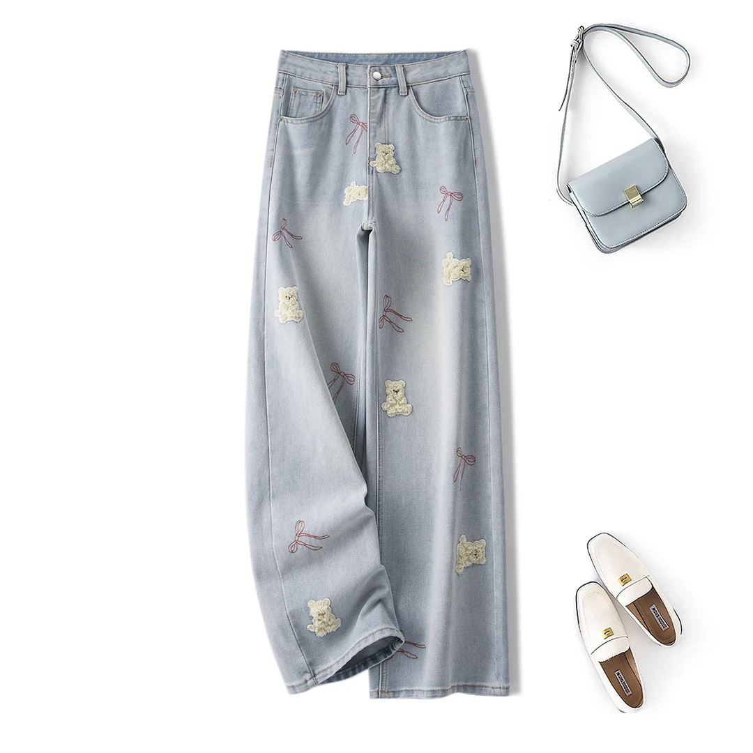 清高腰垂感阔腿裤大码女装2025秋季重工小熊刺绣涂鸦牛仔裤65521