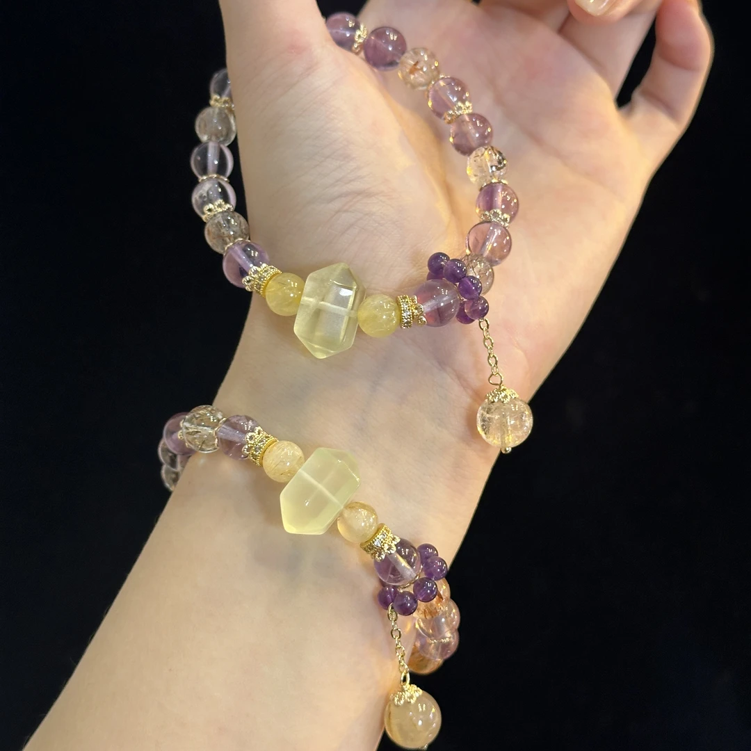 【紫气东来small 8m+ 】天然水晶紫水晶手串黑金超七手链原创设计