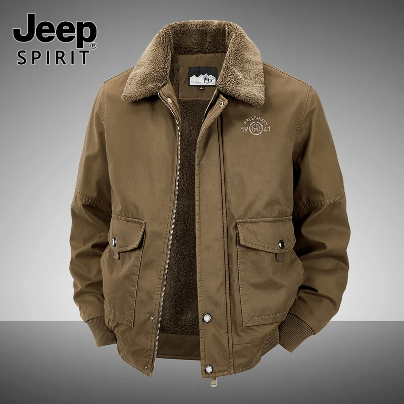 JEEPSPIRIT吉普冬季男款翻领工装棉衣棉服加绒加厚保暖爸爸装外套