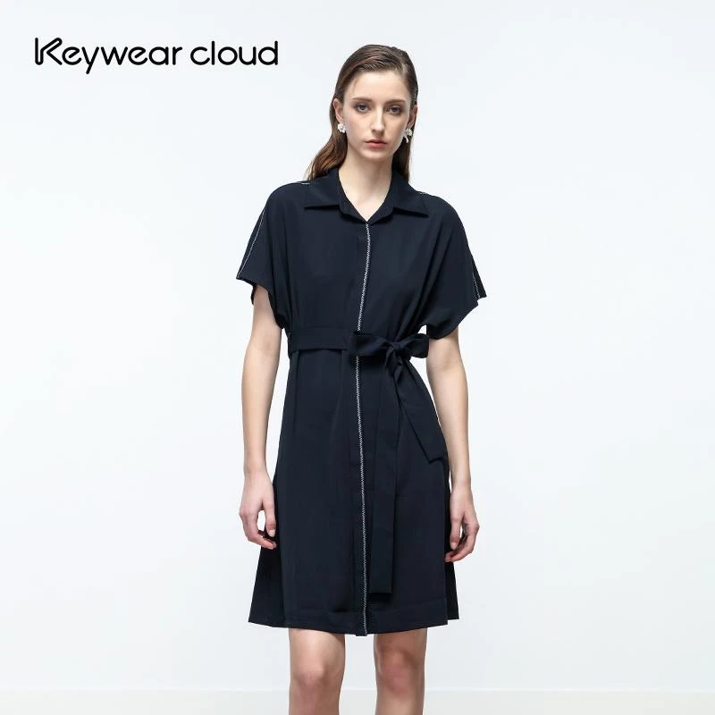 Keywearcloud奇威浪漫塑腰翻领短袖秋季连衣裙