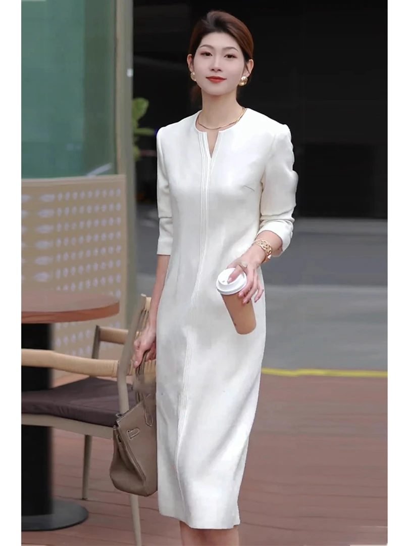 法式得体风早秋流行穿搭白色连衣裙女秋季气质宽松显瘦高级中长裙