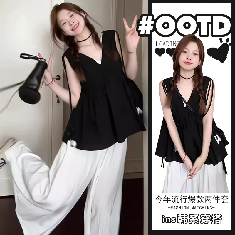 气质小众别致套装女2025夏季法式小众背心吊带上衣洋气百搭休闲裤