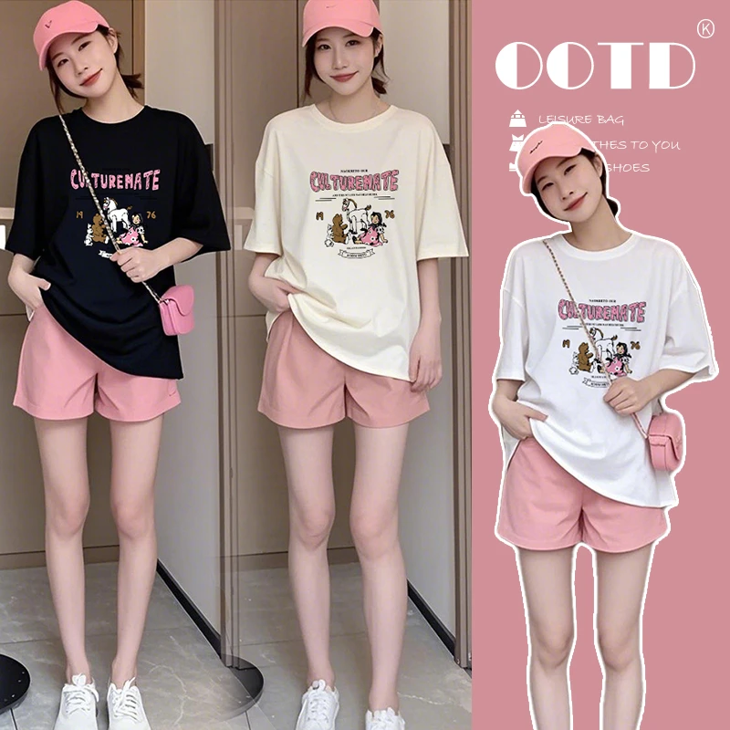 孕妇夏季外穿短袖上衣托腹短裤时尚宽松舒适卡通印花百搭两件套装