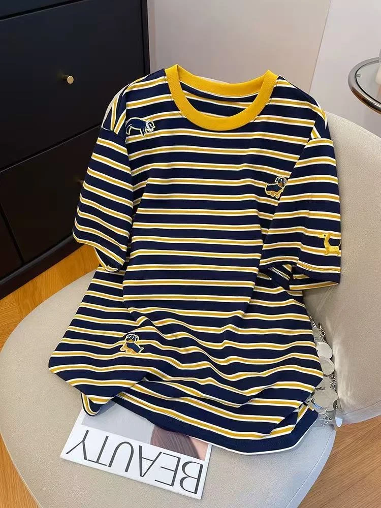 女士大版条纹短袖T恤时尚洋气休闲百搭上衣