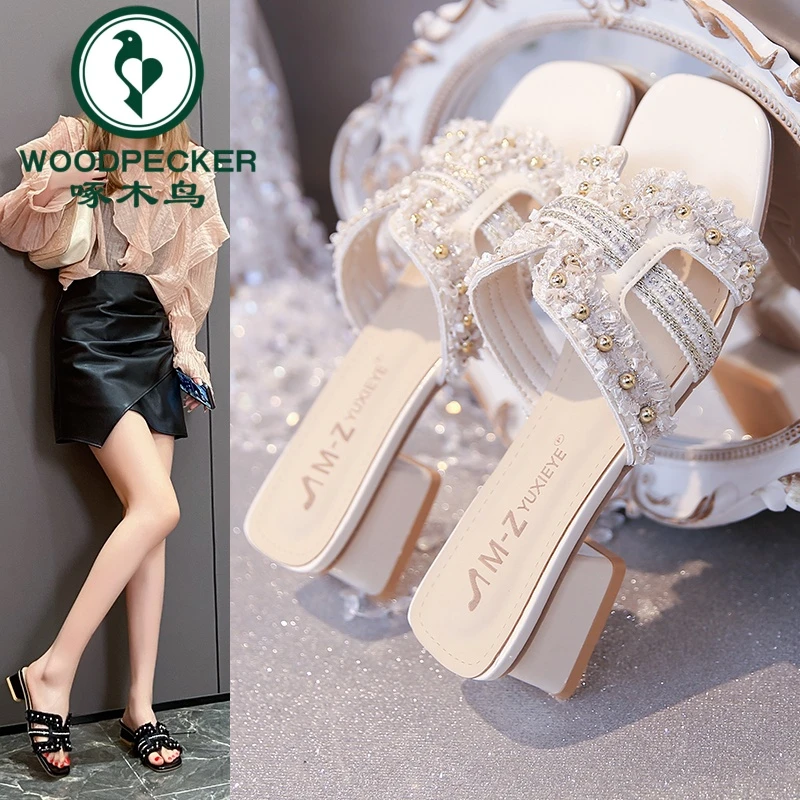 啄木鸟小香风粗跟拖鞋女夏中跟时尚铆钉带跟配裙子夏天外穿凉拖鞋