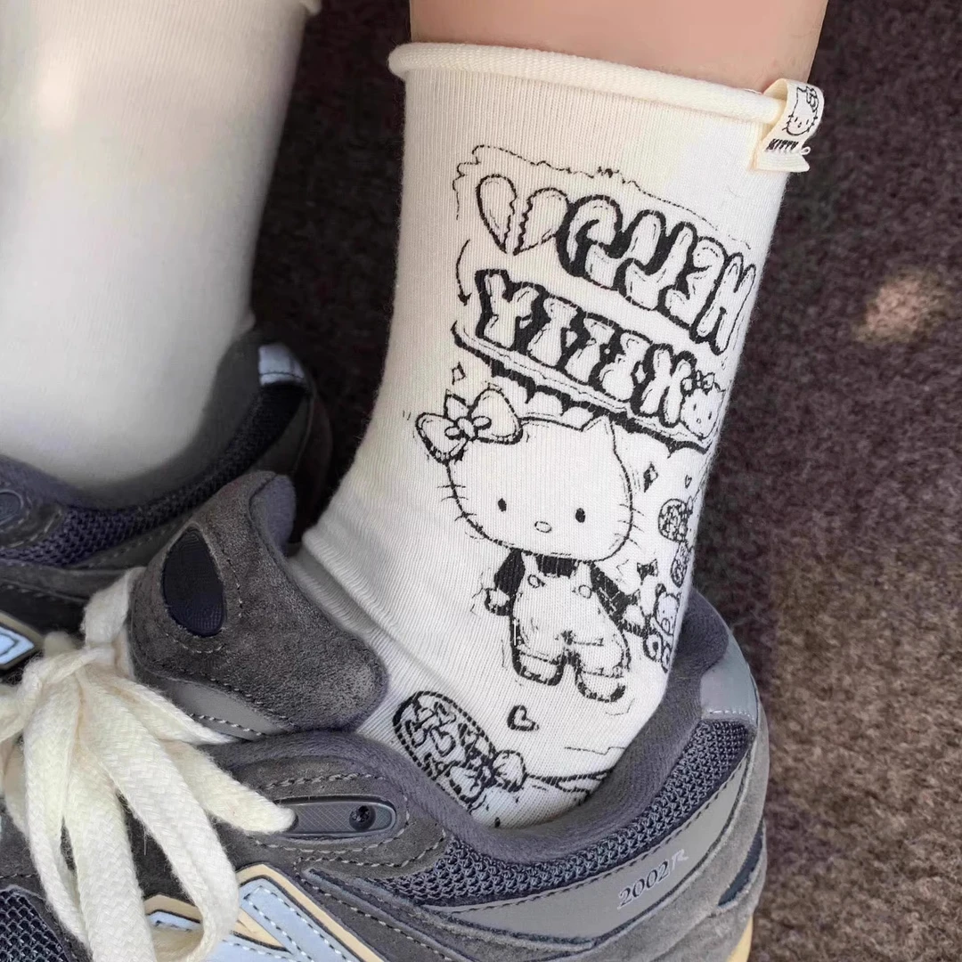 素描涂鸦hellokitty设计师款卷边夏季甜美日系学院风中筒袜袜子yj