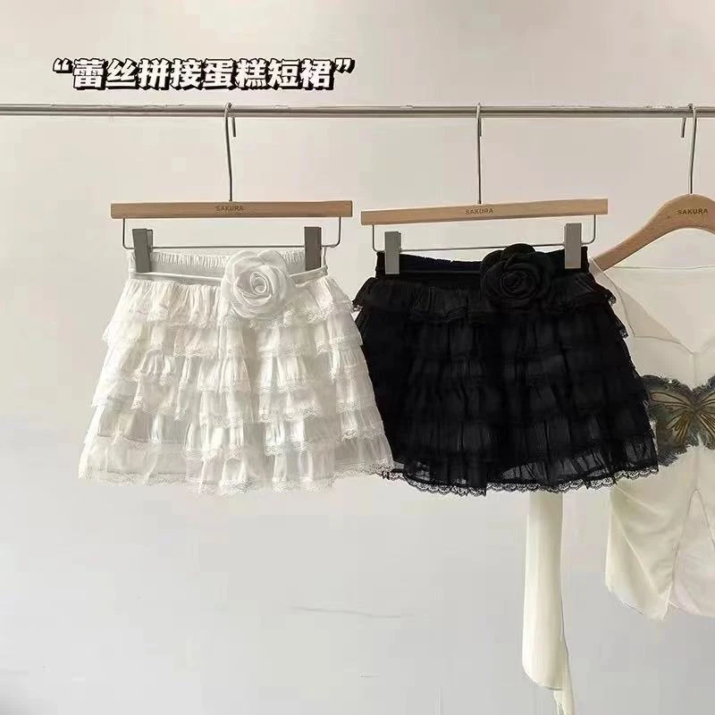 清新减龄洋气蕾丝花边拼接中高腰层叠设计半身蛋糕裙