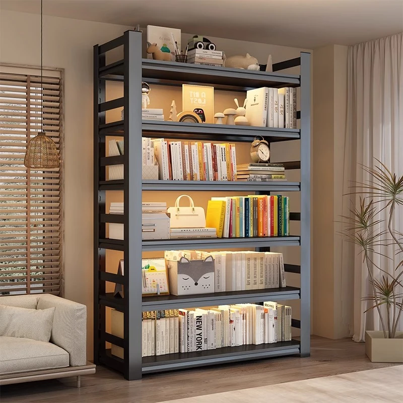 家用铁艺书架钢制多层落地置物架卧室一体靠墙书柜儿童书籍收纳柜