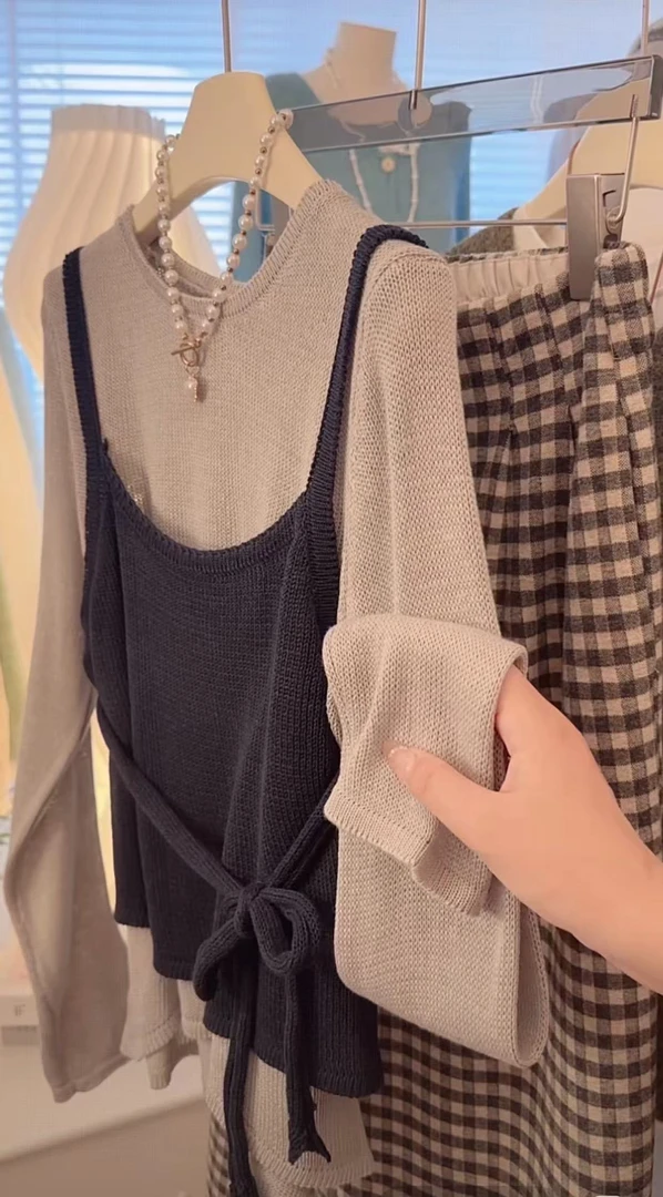 早秋chic松弛感假两件拼接毛衣针织衫女时尚绑带收腰长袖针织上衣
