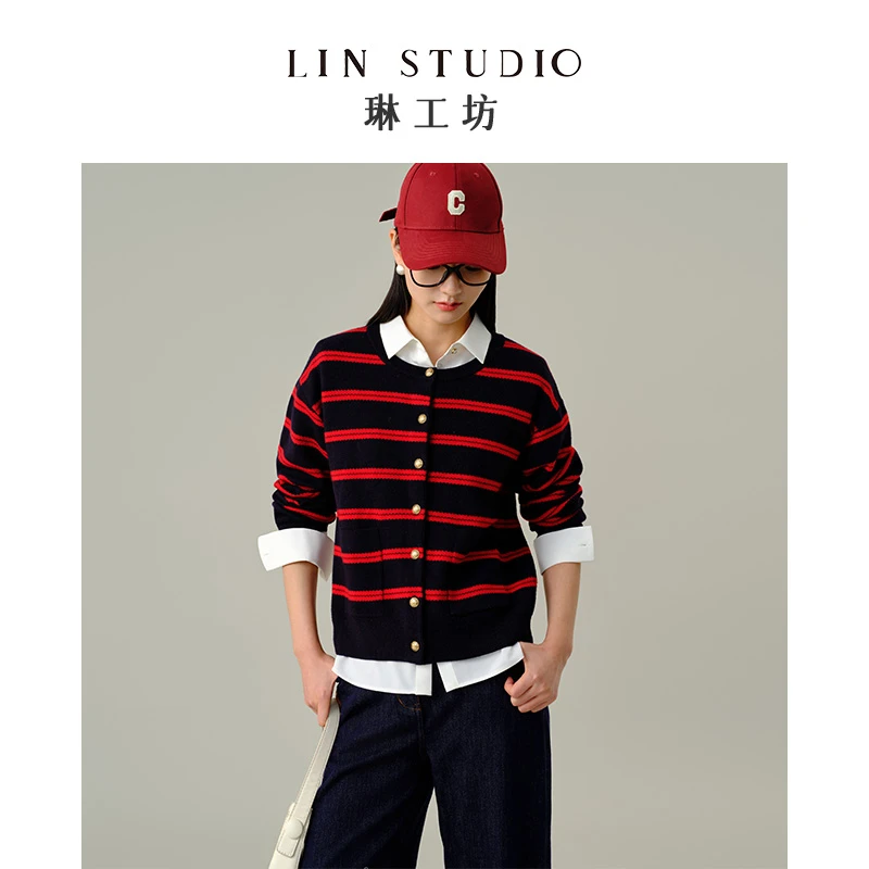 【绵羊毛】琳工坊“凤来”红蓝条纹针织衫时尚复古休闲唐琳设计师