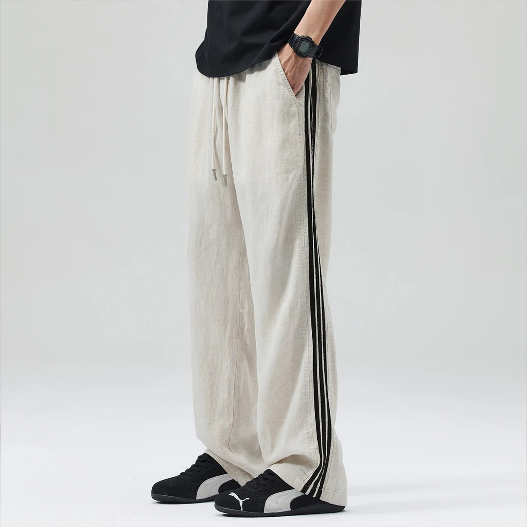 号志HAOZHI夏季垂感阔腿条纹休闲裤男宽松莱赛尔薄款亚麻凉感长裤