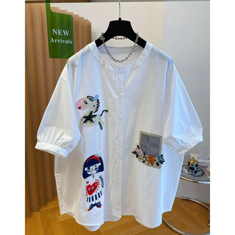 欧货大版白色衬衫女短袖2025新款宽松刺绣中长款慵懒风遮屁股上衣