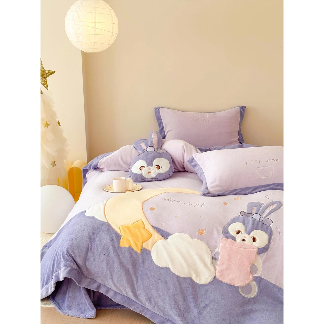 水星高端适用家纺卡通ins小兔子加厚牛奶绒四件套冬季儿童绣花加