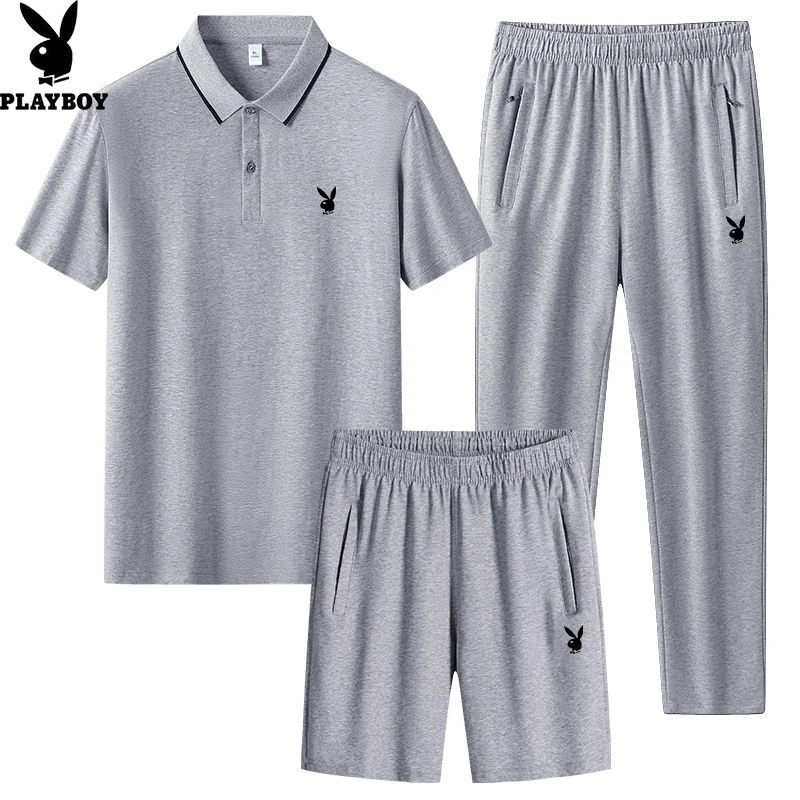 花花公子爸爸装男士纯棉三件套夏季透气宽松翻领中老年套装潮薄款