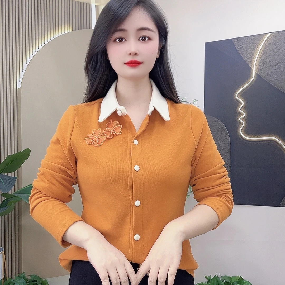 衬衫女2025新款爆款洋气秋冬装时尚翻领花朵双面绒学院风显瘦减龄