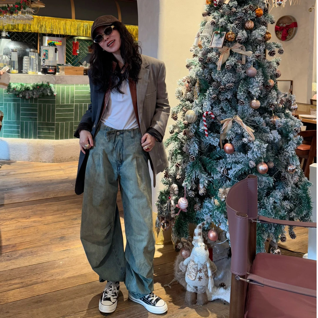 SONG TING 重工复古做旧水洗擦色牛仔裤