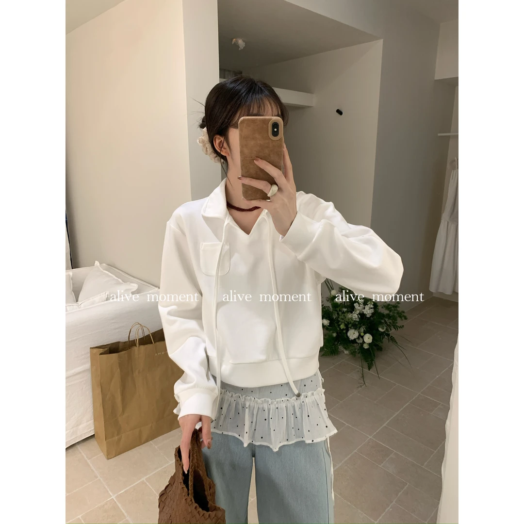 50729#超韩INS感小众设计拼接蕾丝翻领系带长袖卫衣