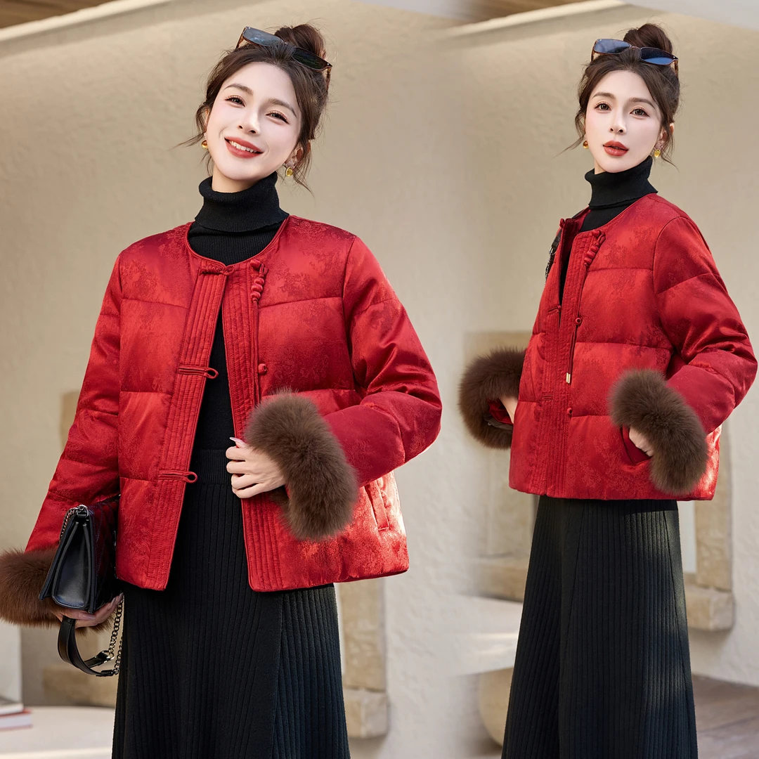 新中式国风盘扣提花羽绒服女2025冬季新款复古气质白鸭绒短款外套