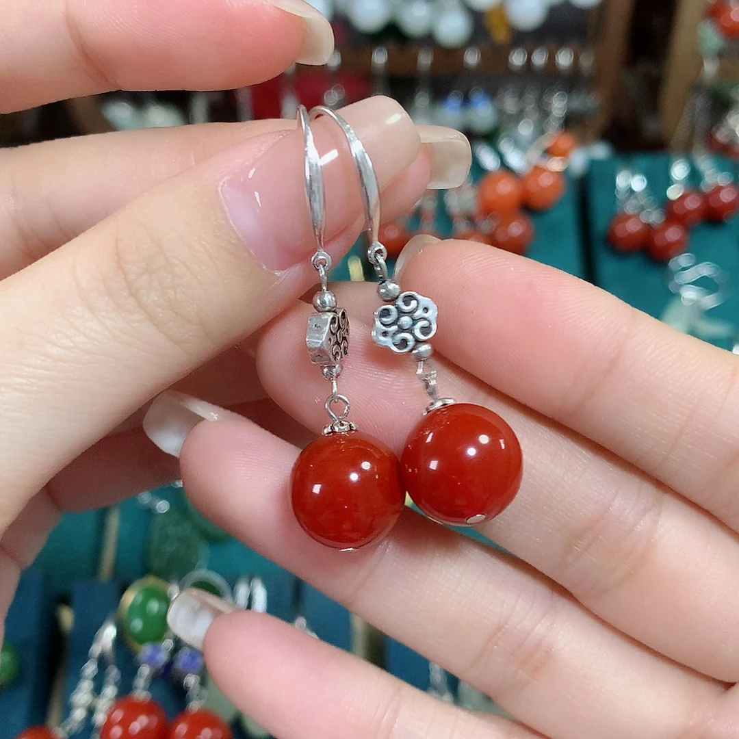 玛瑙/玉髓耳饰银S925镶嵌天然红玛瑙12mm左右（锦红）