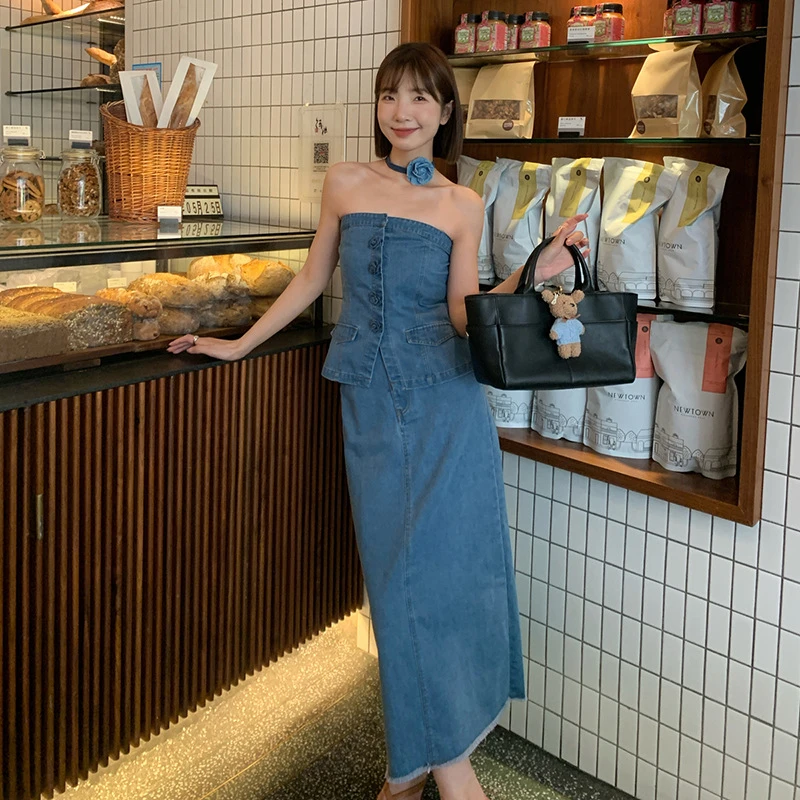 夏日甜辣风纯欲辣妹抹胸背心牛仔裙套装S1213