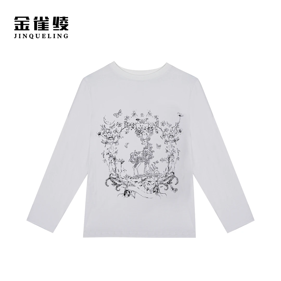 金雀绫【林荫小鹿】春秋简约时尚圆领印花套头小衫SZ1S54