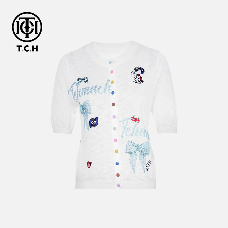 TCH烫钻工艺时尚休闲百搭舒适针织开衫女T75B43E5008轻奢tch