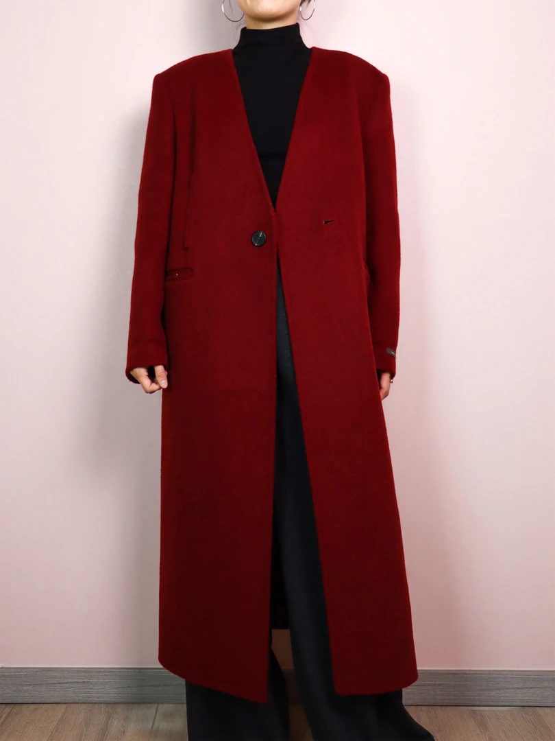 【好运红】冬季时髦极简风长款红色大衣女双面羊毛大衣新年外套1915