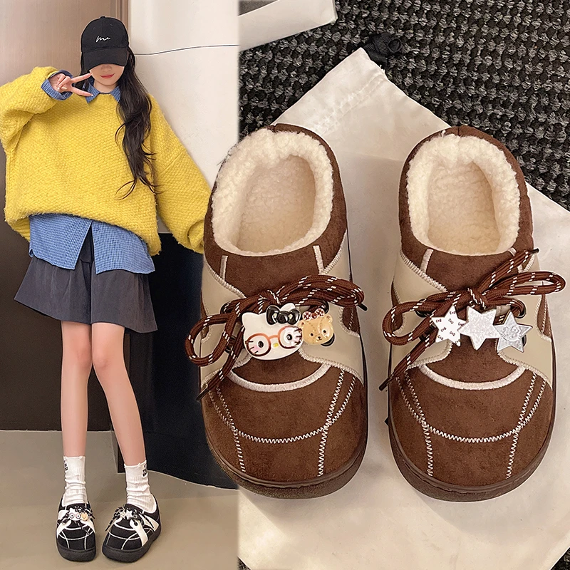 时尚复古圆头厚底系带加绒保暖棉鞋女2025冬款新款休闲运动德训鞋