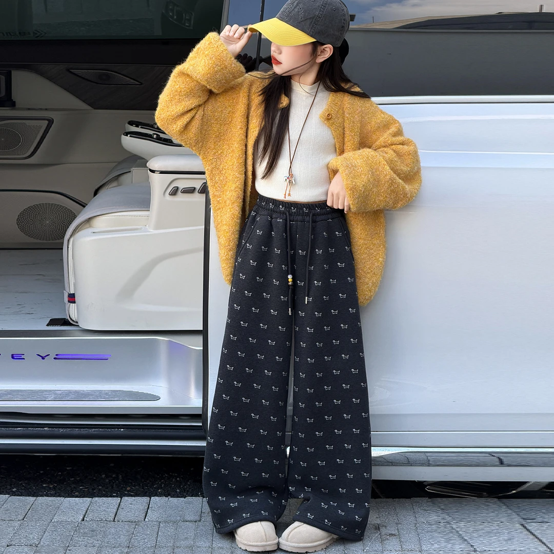 女童加绒加厚阔腿裤冬装新款儿童休闲直筒裤子女大童保暖运动卫裤