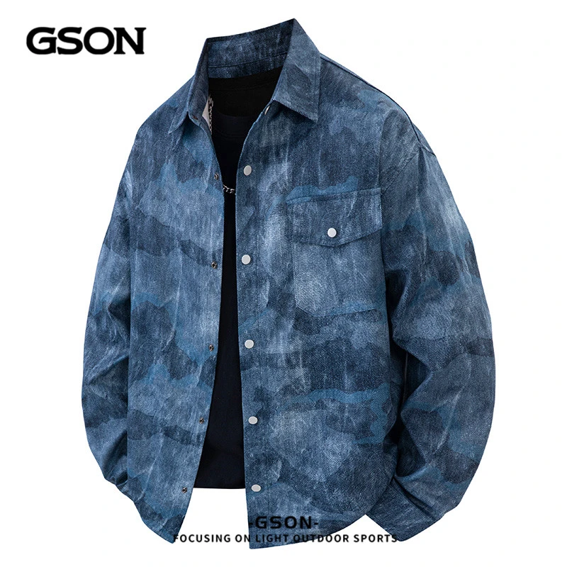集团品牌GSON重磅美式工装衬衣男春季潮牌印花翻领长袖衬衫外套
