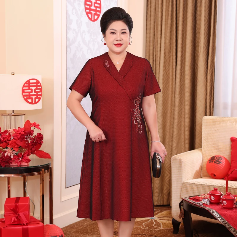 喜妈妈连衣裙大码喜婆婆婚宴装洋气礼服喜庆订婚宴服送丈母娘