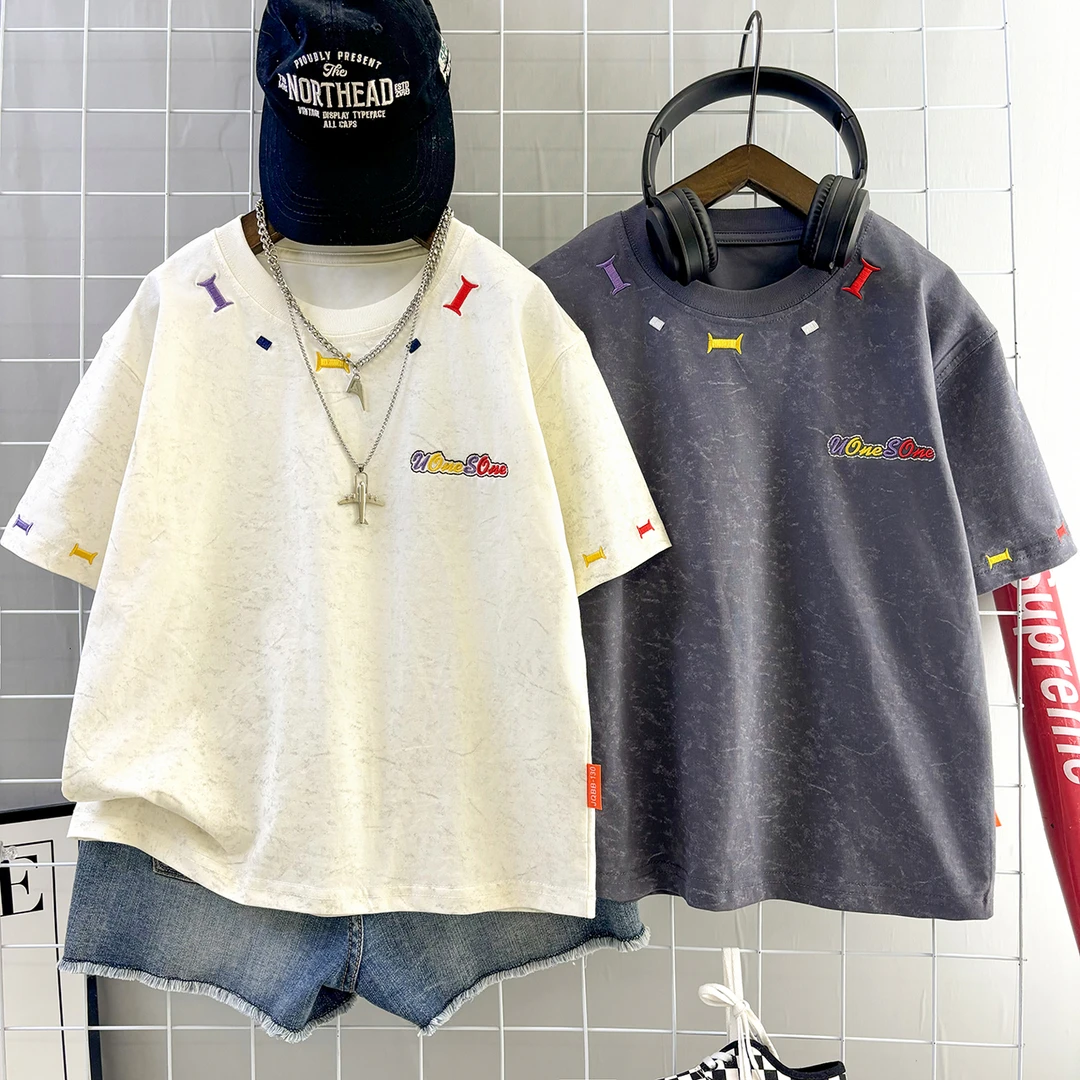 男女儿童夏季多工艺刺绣短袖亲子款儿童半袖宽松休闲宽松版体恤