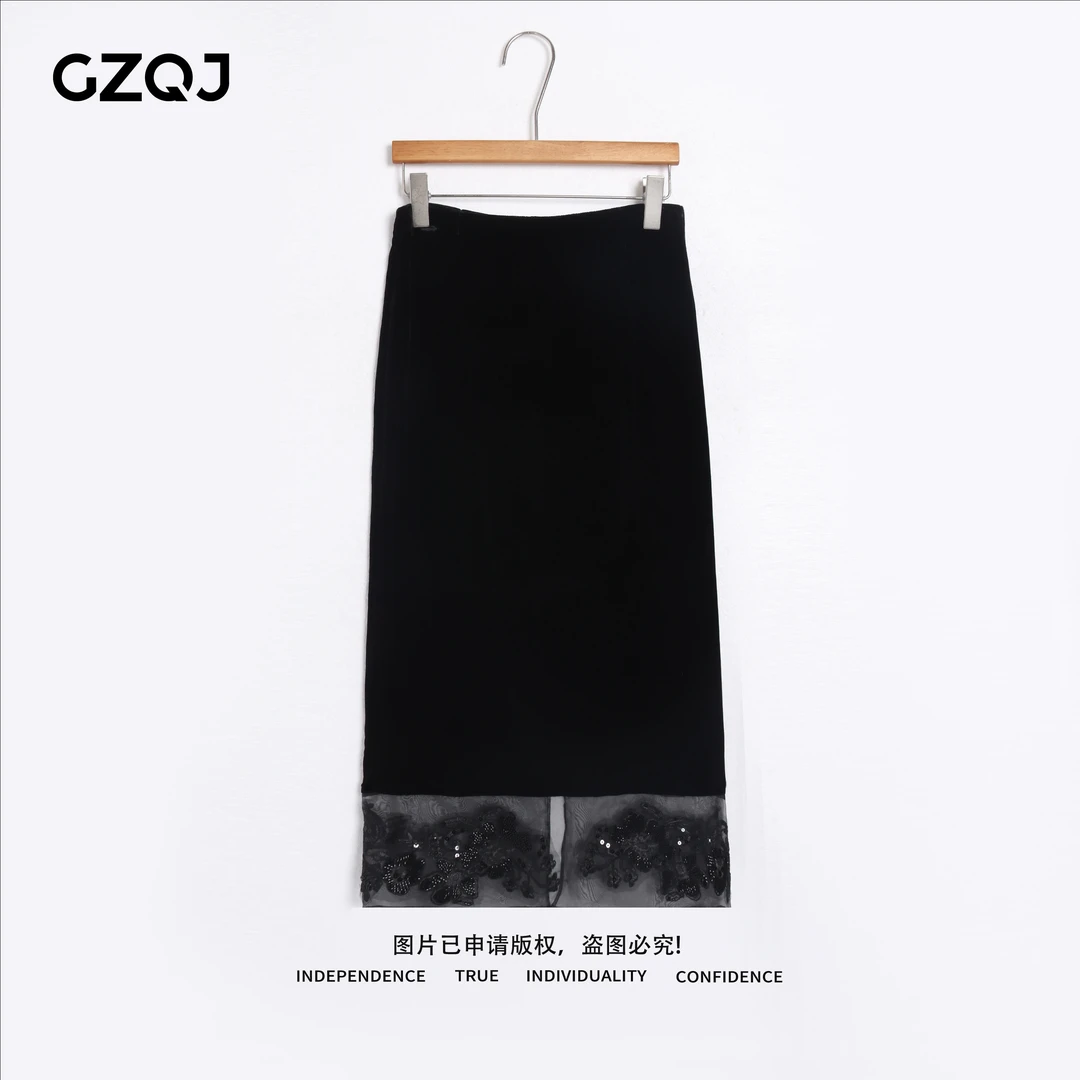 广州琴姐【黑色魅影】真丝丝绒欧若风设计感拼接高腰半身裙子夏6066