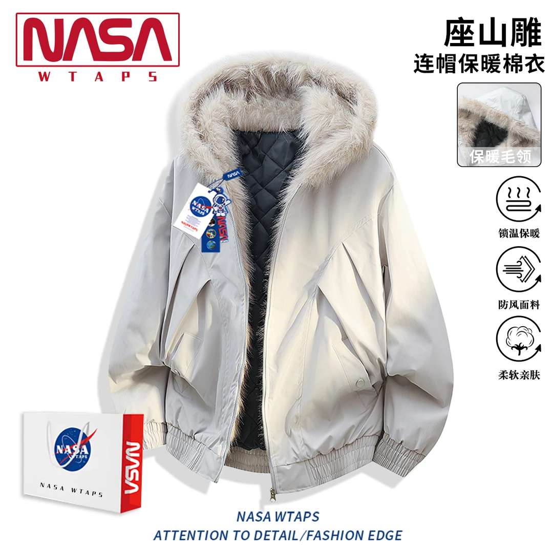 NASA WTAPS美式复古毛领连帽棉服外套男女冬季高级感加厚毛绒棉衣