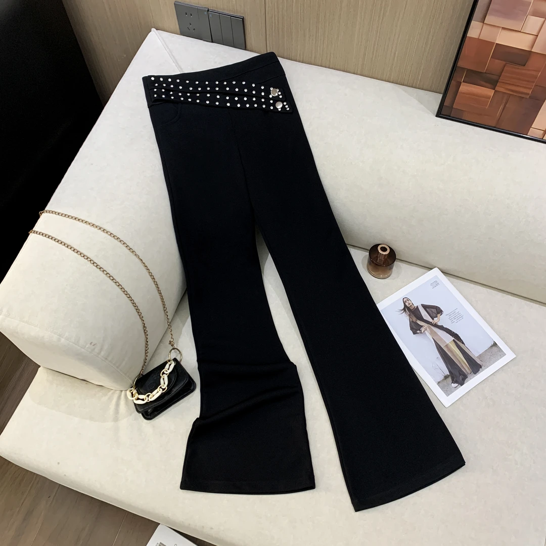 设计感双排斜边亮钻微喇裤女2025春季新款弹力显瘦时尚百搭马蹄裤