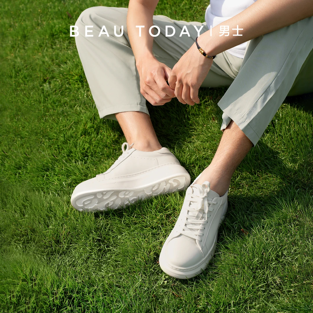 BeauToday【久穿不发黄】厚底小白鞋真皮运动增高休闲系带板鞋男款
