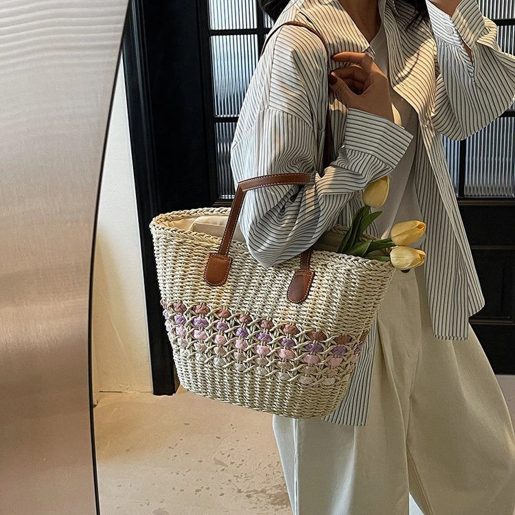 新款草编包女式流行时尚大容量编织托特包单肩包通勤休闲适用