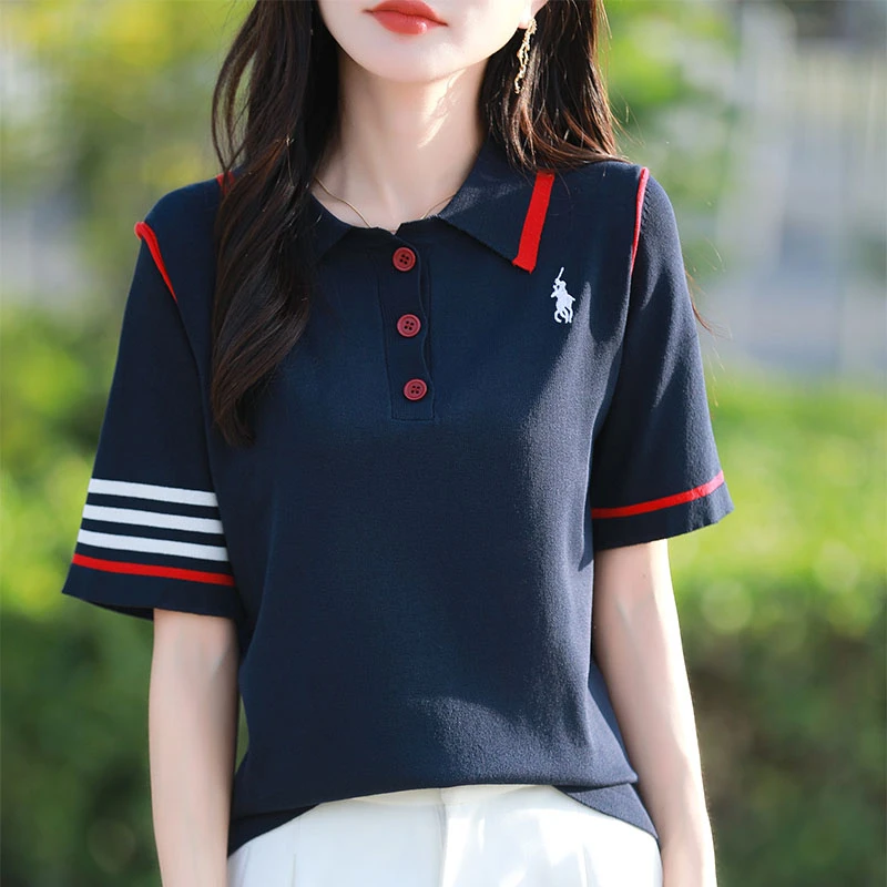 哥弟阿玛施正品2025夏季新款翻领刺绣短袖女宽松百搭T恤针织衫女